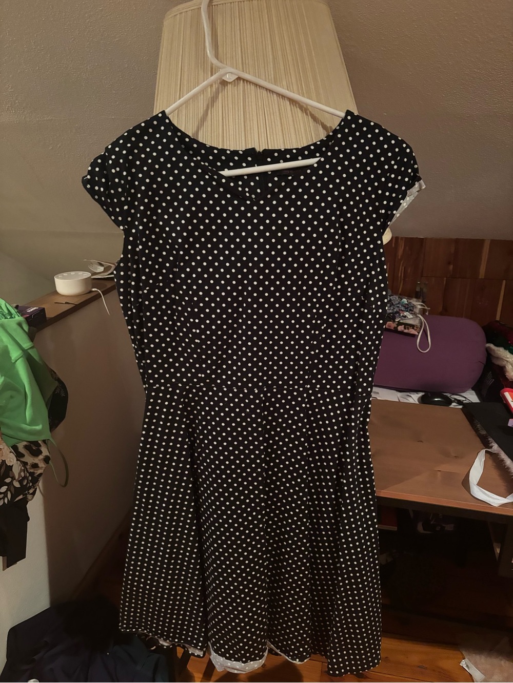 Women’s Black Polka Dot Midi Dress with Cap Sleeves